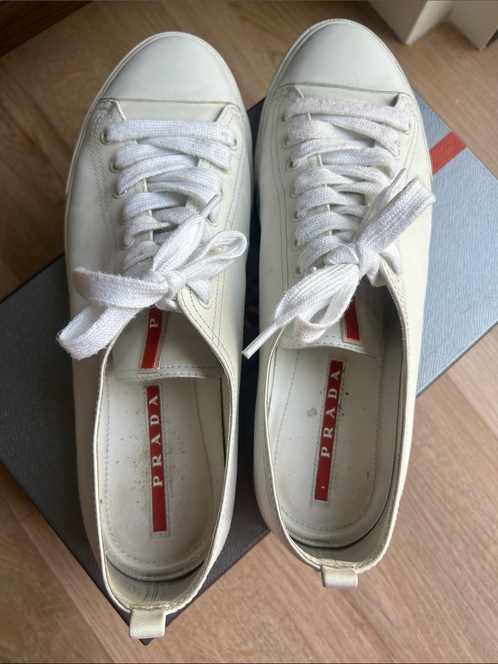 Prada White Leather Sneakers with Red Logo Detail - Picture 9 of 13